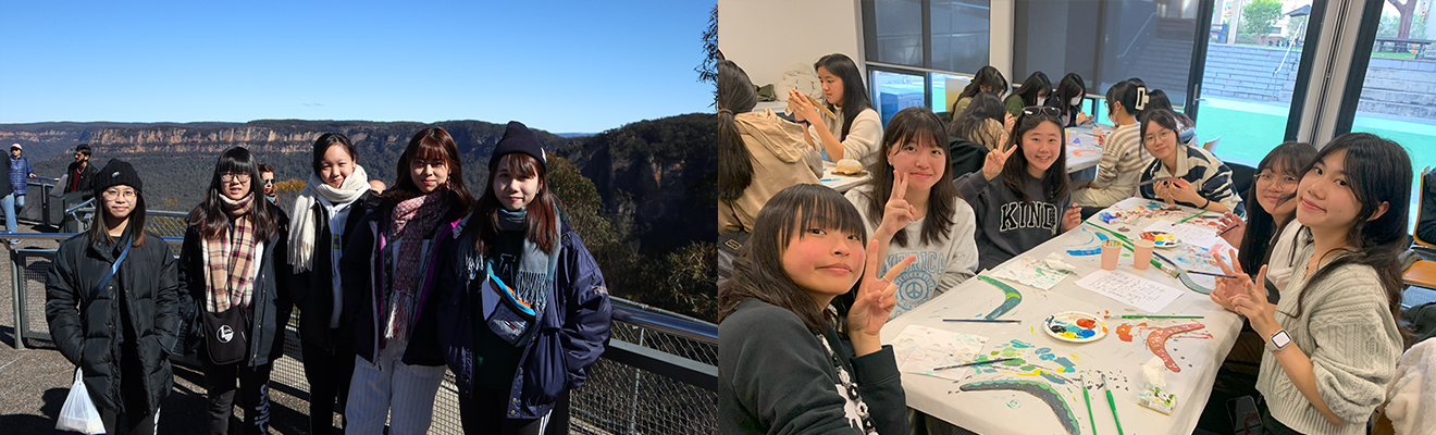同學在藍山國家公園觀景台前合照,穿著冬季服裝,背景為壯麗山谷與藍天 | 同學在教室內參與原住民文化藝術活動,手繪飛鏢圖騰,展現創意與文化融合 | 澳洲遊學團