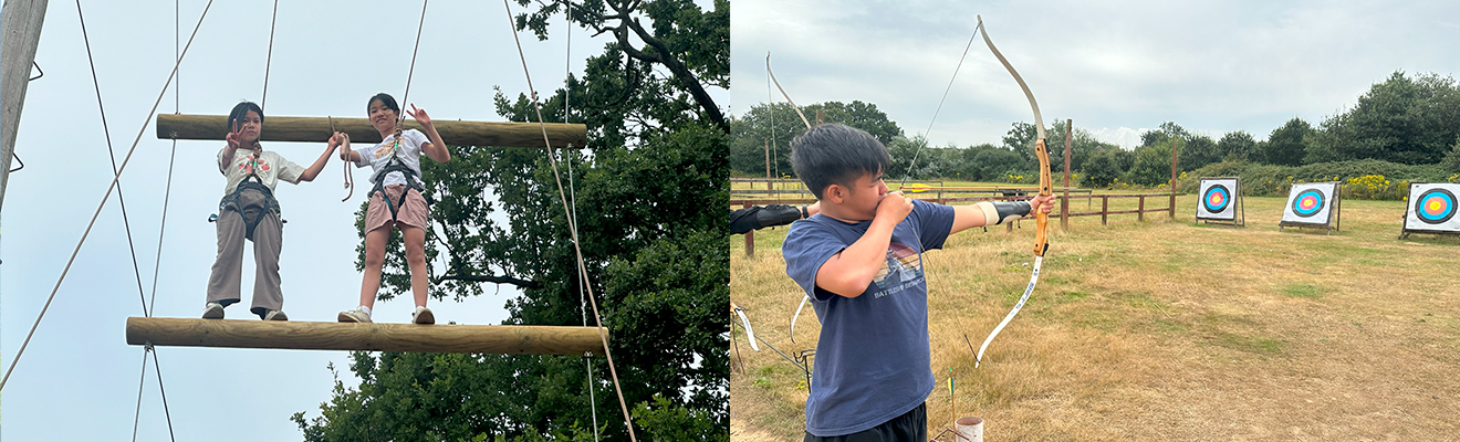 同學站上高空木樁,彼此緊握雙手,在半空中比出勝利手勢,勇氣與信任交織成美好畫面 | 同學拉弓瞄準,專注神情一觸即發,彷彿下一秒就能命中靶心,散發出十足的運動能量 | 英國遊學團
