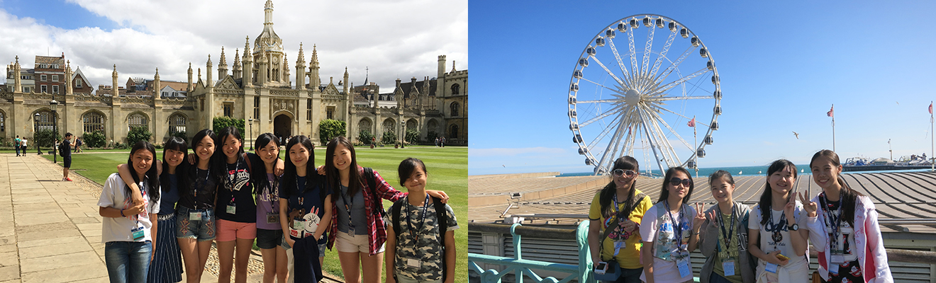 同學在英國劍橋大學著名的 King’s College 前合照,開心記錄在學術殿堂留下的青春足跡 | 同學站在英國布萊頓海濱的摩天輪前,以湛藍天空與海洋為背景,捕捉旅程中最陽光的一刻 | 英國遊學團