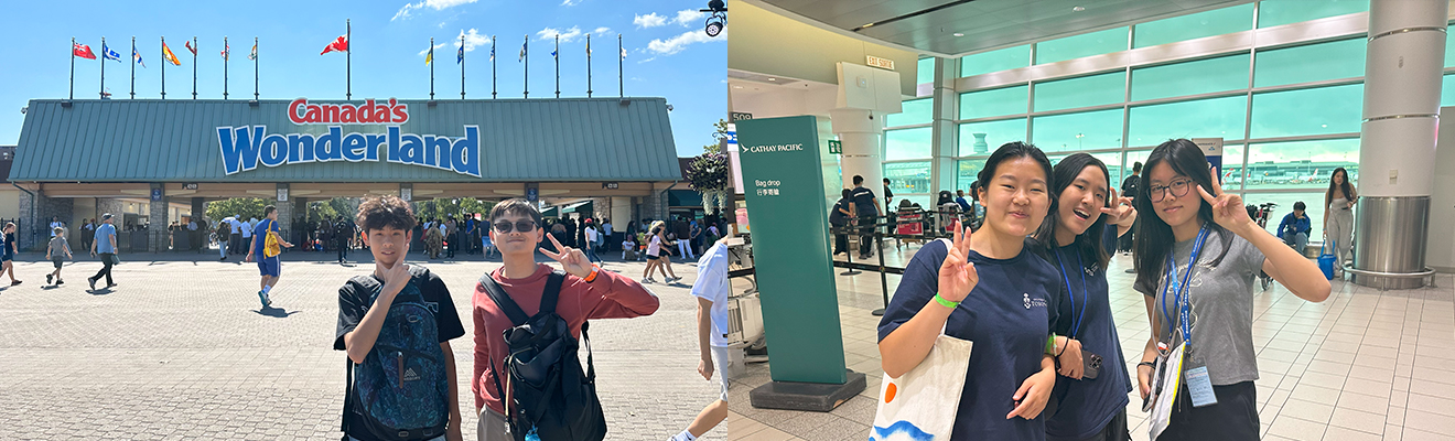同學踏入加拿大奇幻樂園(Canada's Wonderland)前興奮合照,準備挑戰刺激雲霄飛車與主題設施 | 多倫多皮爾遜國際機場內,同學於登機閘口前開心合影,準備展開加拿大英語夏令營旅程 | 加拿大遊學團