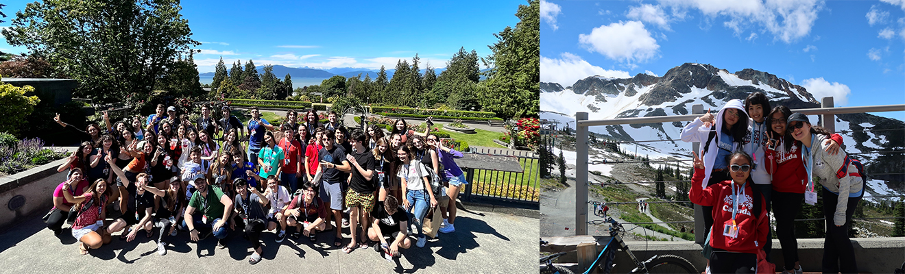 同學在加拿大不列顛哥倫比亞大學植物園合照,背景是壯麗山景與藍天白雲,展現夏日探索自然與學術交流的樂趣 | 同學在加拿大惠斯勒雪山山頂興奮合影,在雪景與藍天襯托下留下難忘回憶 | 加拿大遊學團