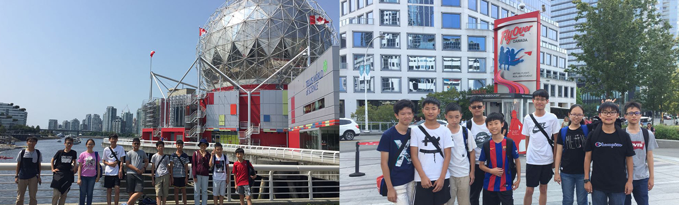 同學參訪溫哥華科學館 Science World,在其標誌性銀色球體建築前合影,體驗加國科學與城市魅力 | 同學站在FlyOver Canada飛行劇場入口前拍照,準備展開一場模擬飛越全加拿大的沉浸式冒險 | 加拿大遊學團